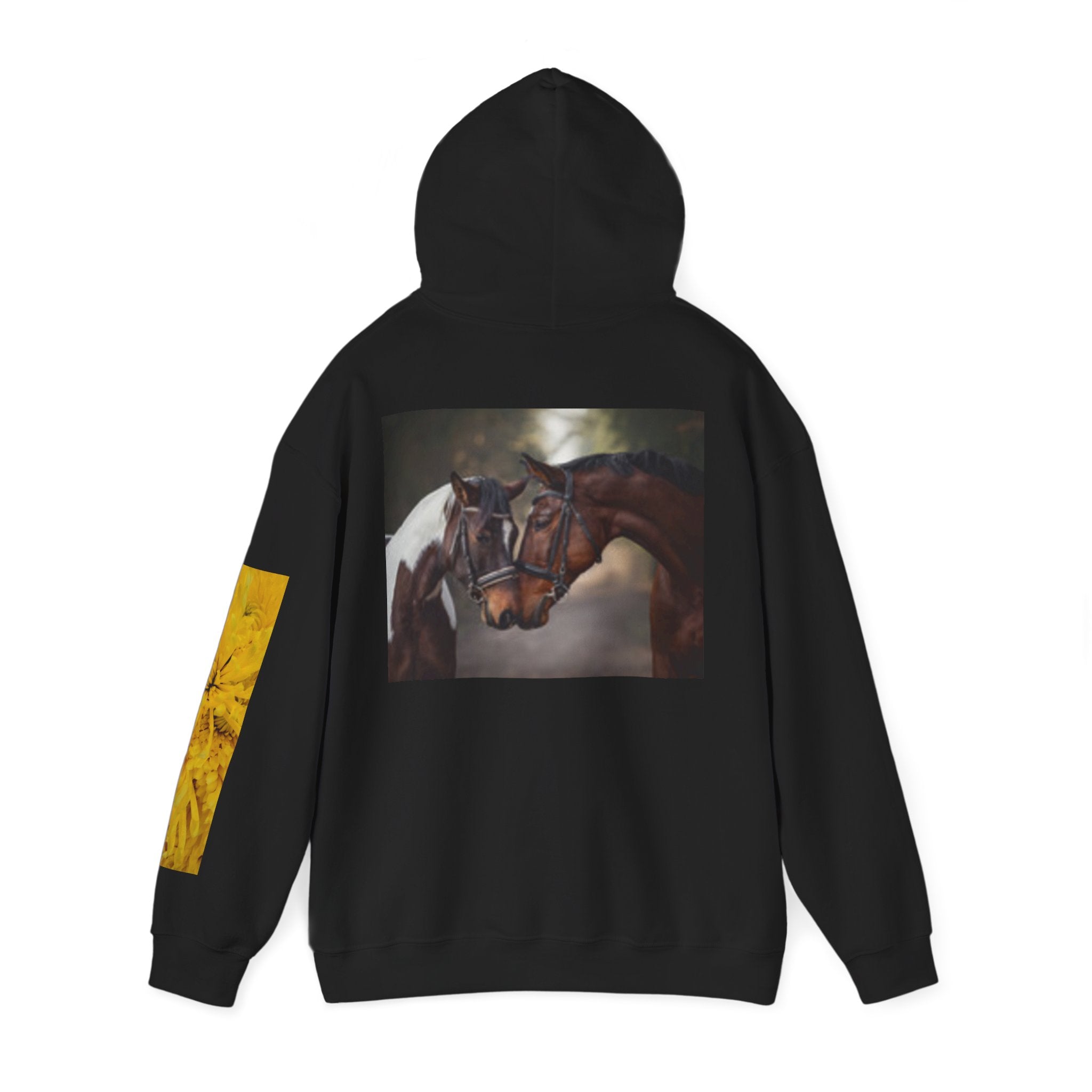 Sunrise Meadow & Horse Graphic Hoodie — Scenic Sunset Landscape and Saddled Horse Print
