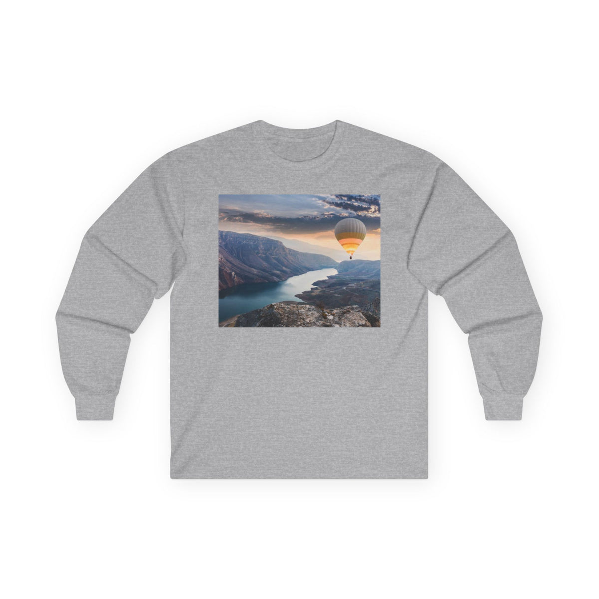 Hot Air Balloon Over Fjord Long Sleeve Tee — Scenic Travel Photography Shirt