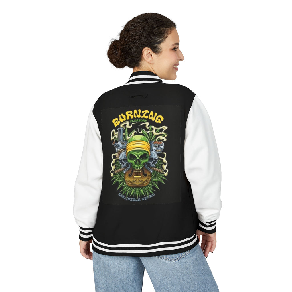 Cannabis Letterman Jacket — 'Burning' Skull & Leaf Varsity Jacket