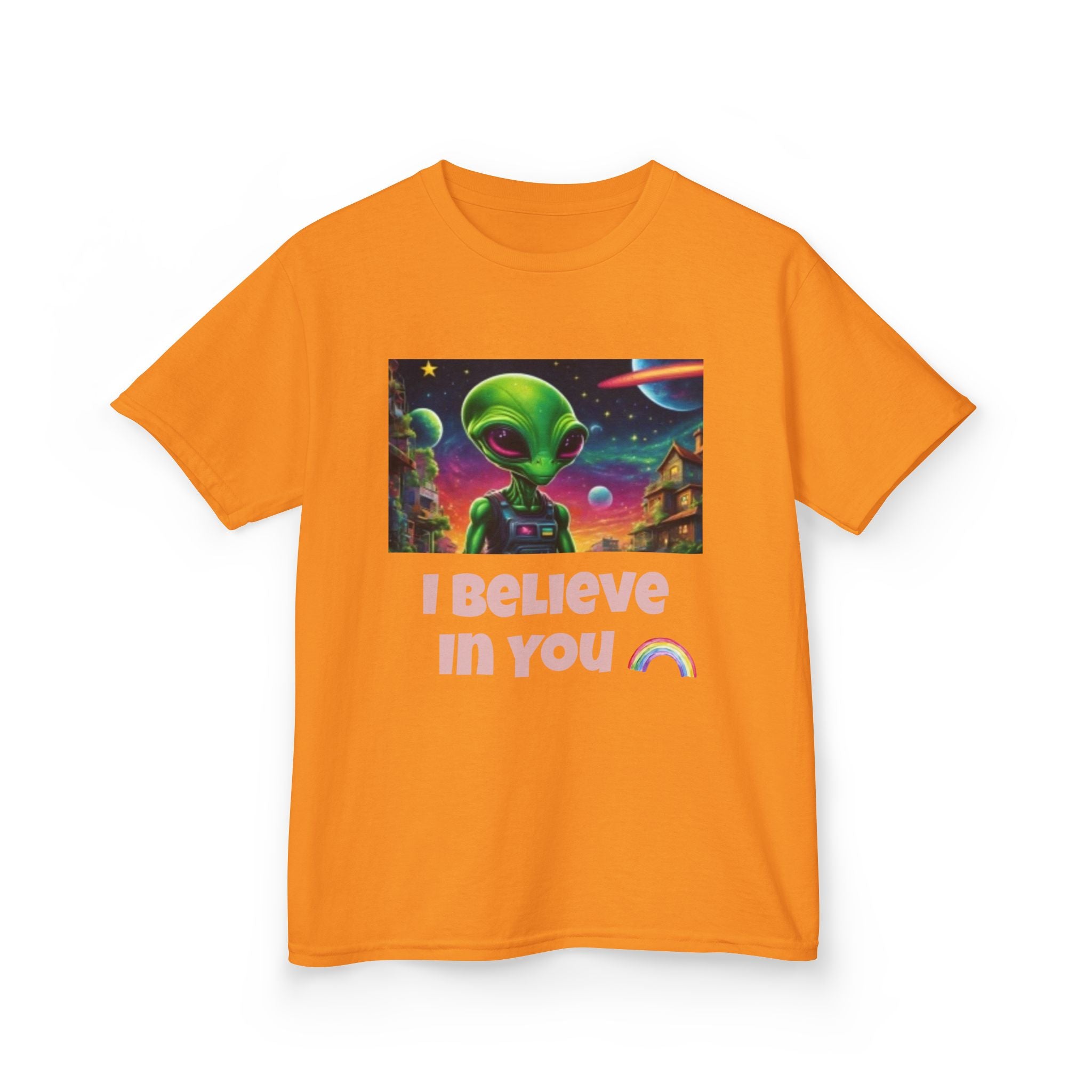 Kids Alien Space I Believe in You T-shirt — Colorful Extraterrestrial Galaxy Shirt