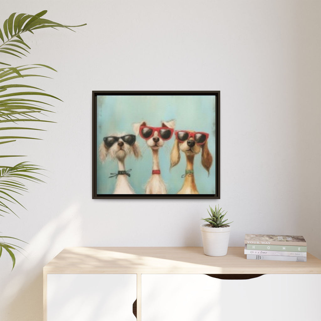 Framed Matte Canvas — Three Cool Dogs in Sunglasses Wall Art