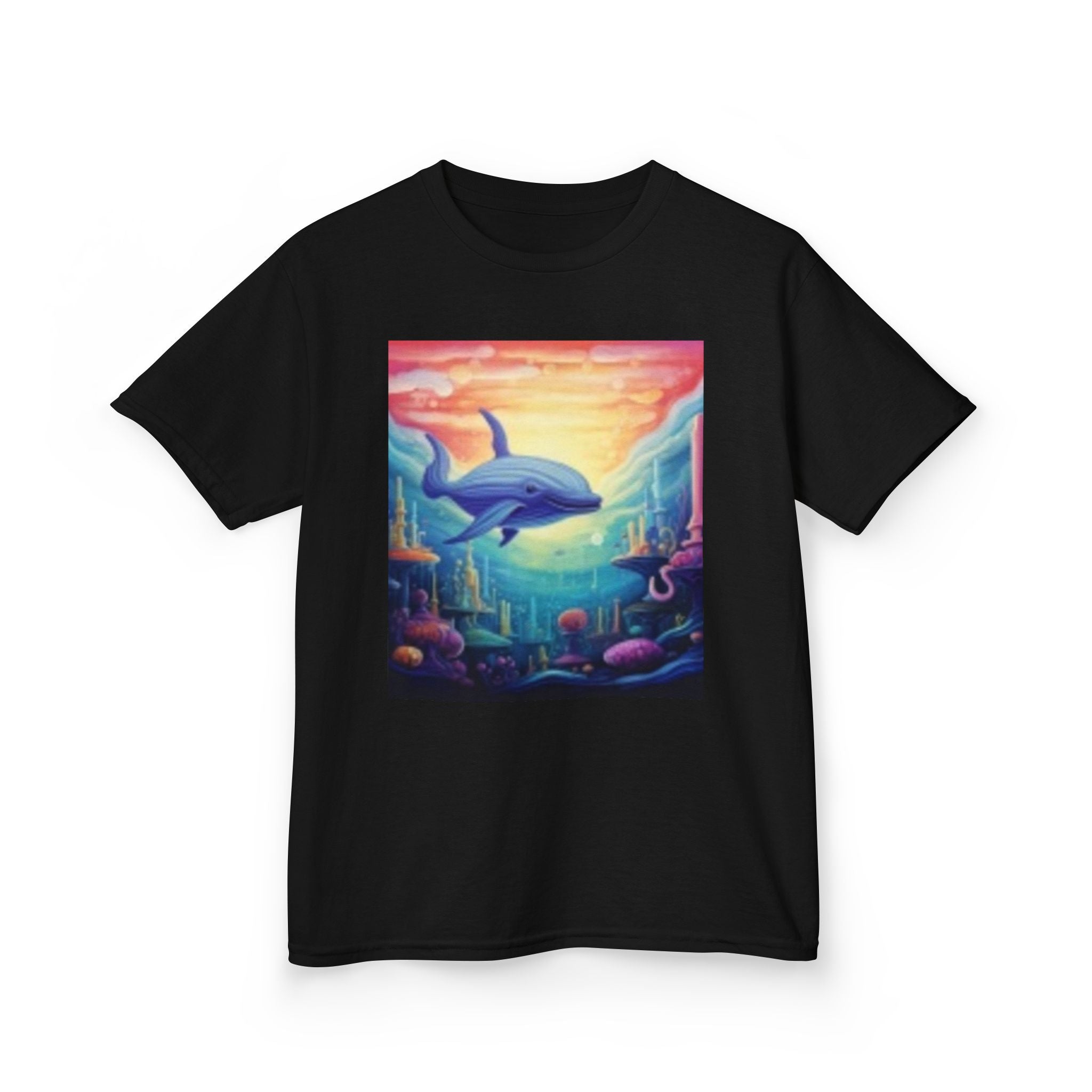 Kids Dolphin Sunset & Shells T-Shirt — Colorful Underwater Ocean Scene