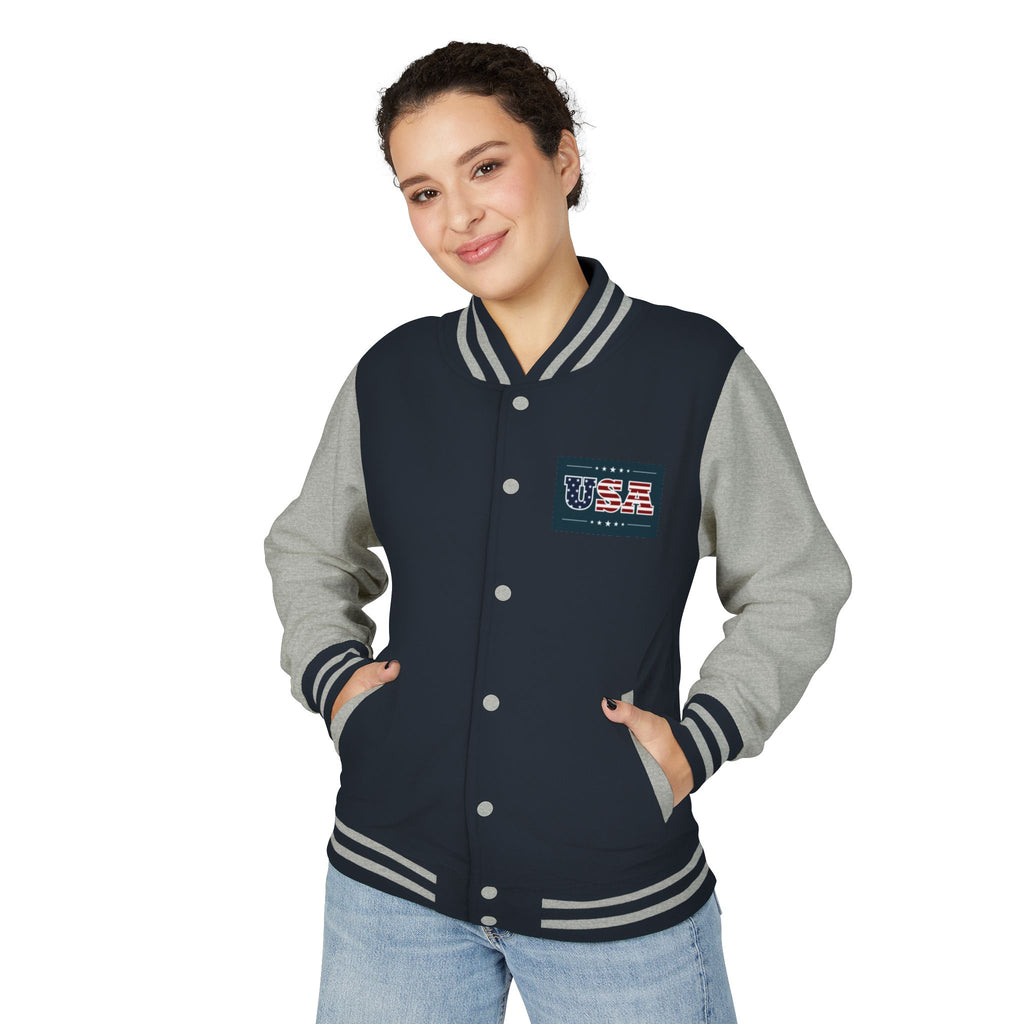 Veteran Tribute Letterman Jacket - American Flag Soldier Graphic