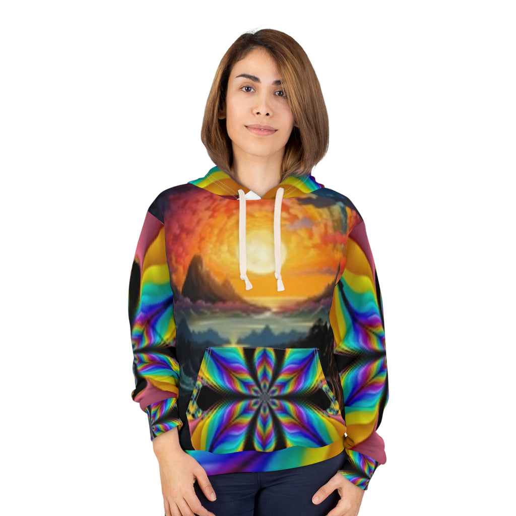 Psychedelic Sunset Hoodie — Rainbow Kaleidoscope All-Over Print Pullover