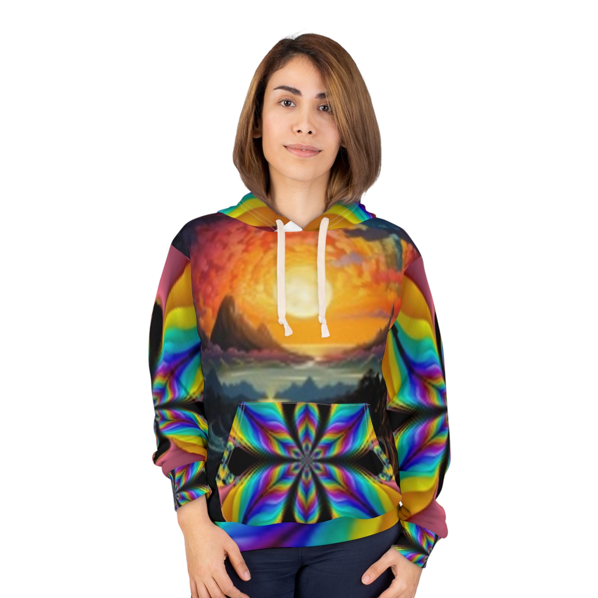 Psychedelic Sunset Hoodie — Rainbow Kaleidoscope All-Over Print Pullover