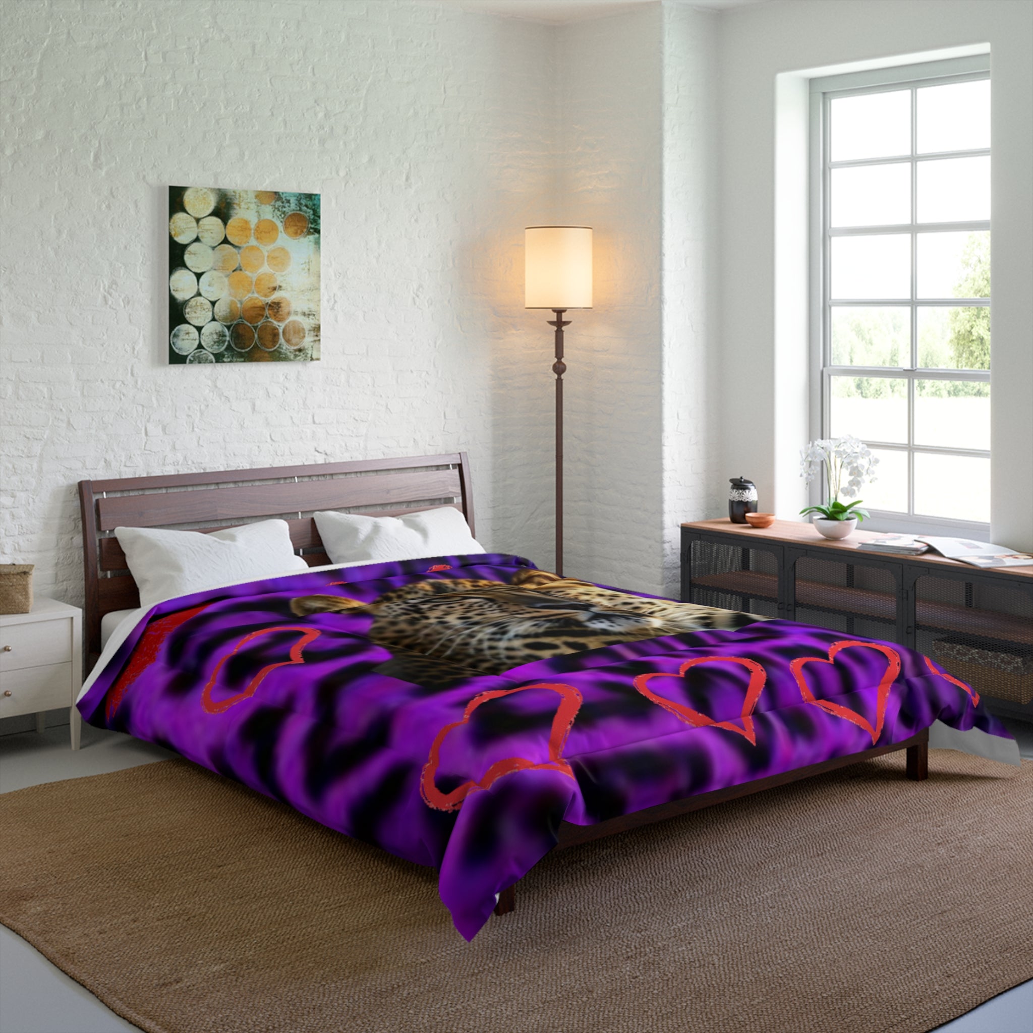 Leopard Heart Comforter - Purple Leopard Print with Big Cat Face & Hearts