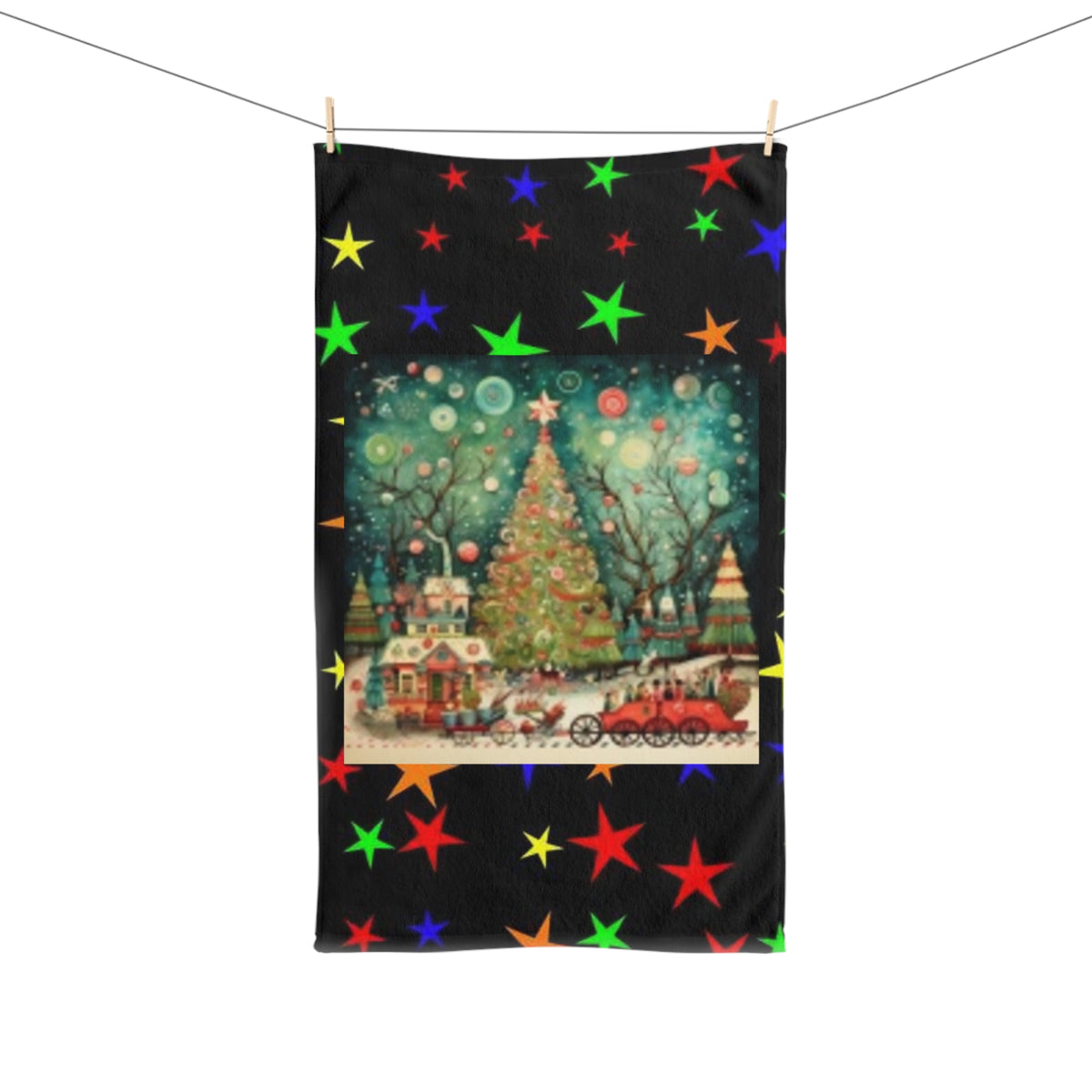 Christmas Village Hand Towel – Vintage Tree & Carriage Holiday Kitchen Towel