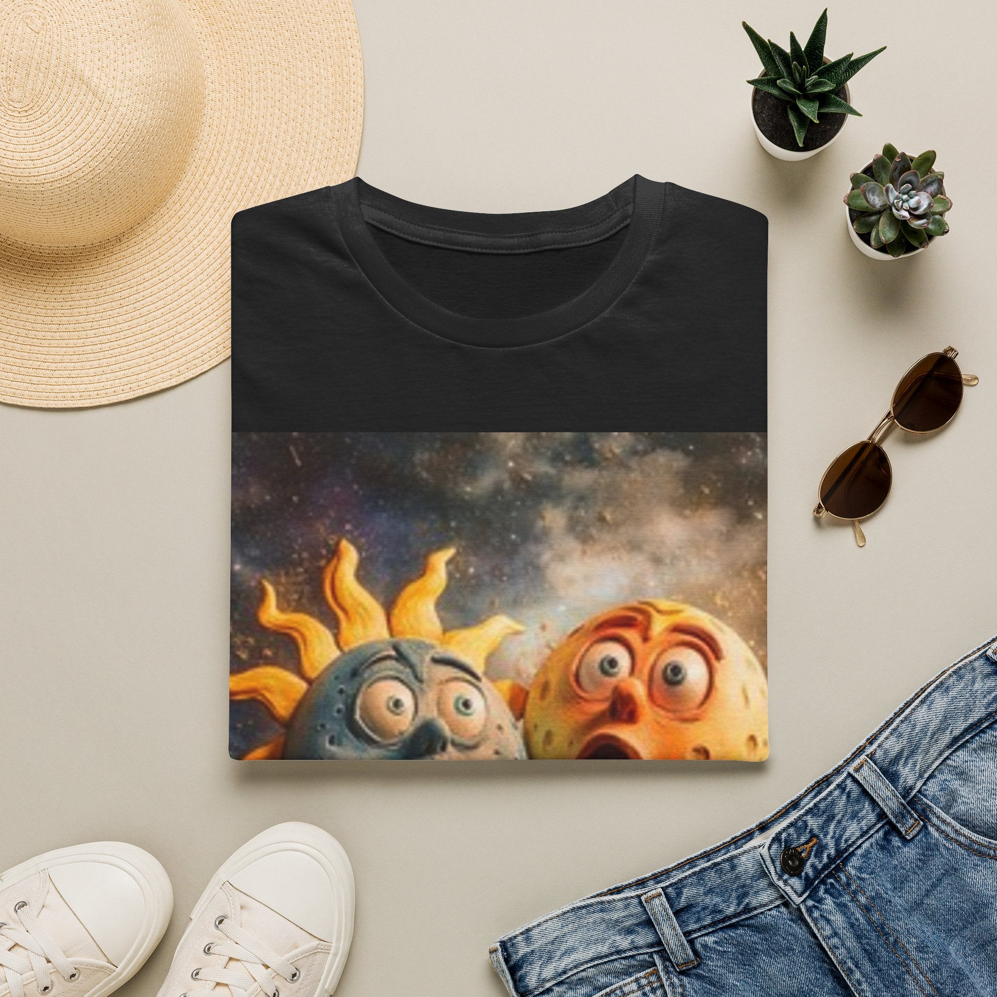 Surprised Sun & Moon T‑Shirt — Cute Cosmic Cartoon Solar Duo Tee