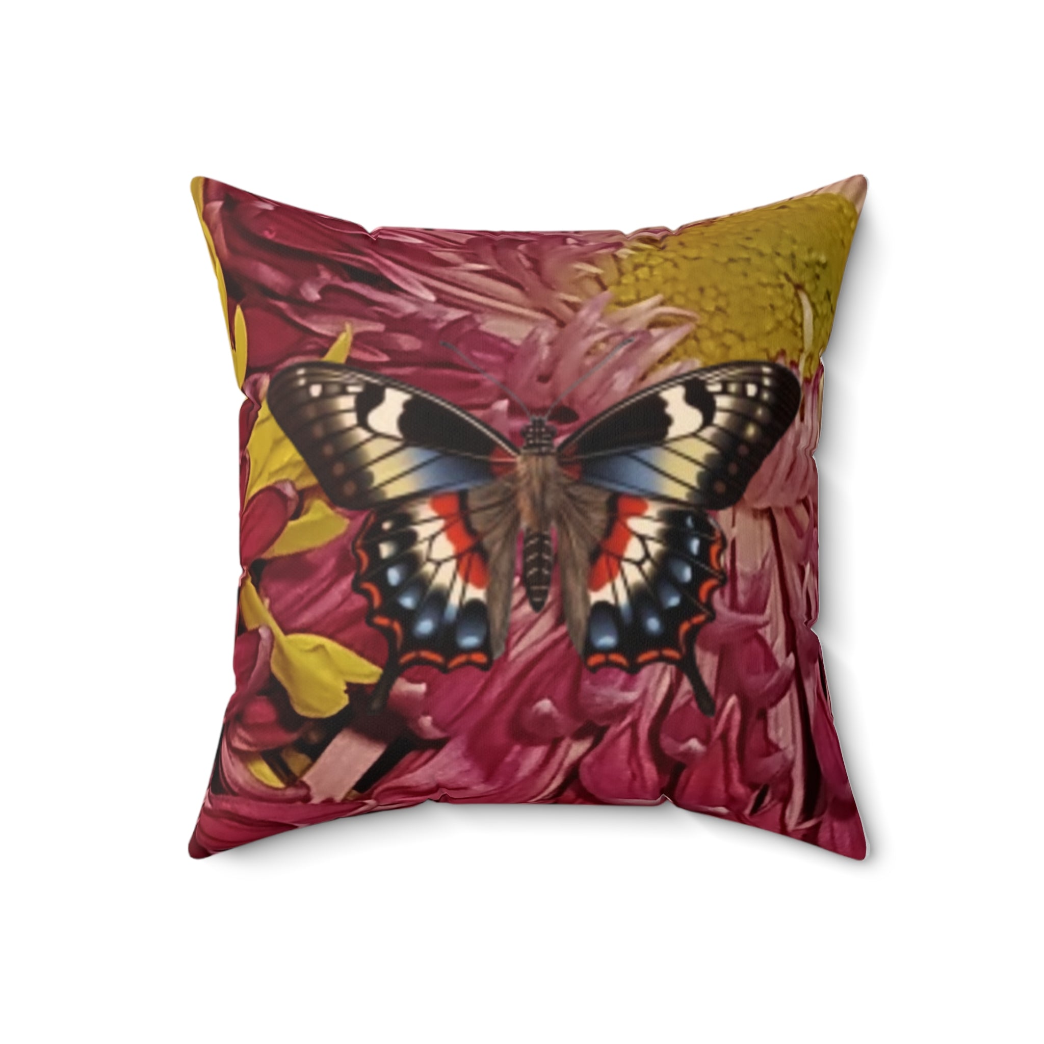 Mary Jordan & Butterfly Floral Throw Pillow — Custom Portrait on Burgundy Chrysanthemum