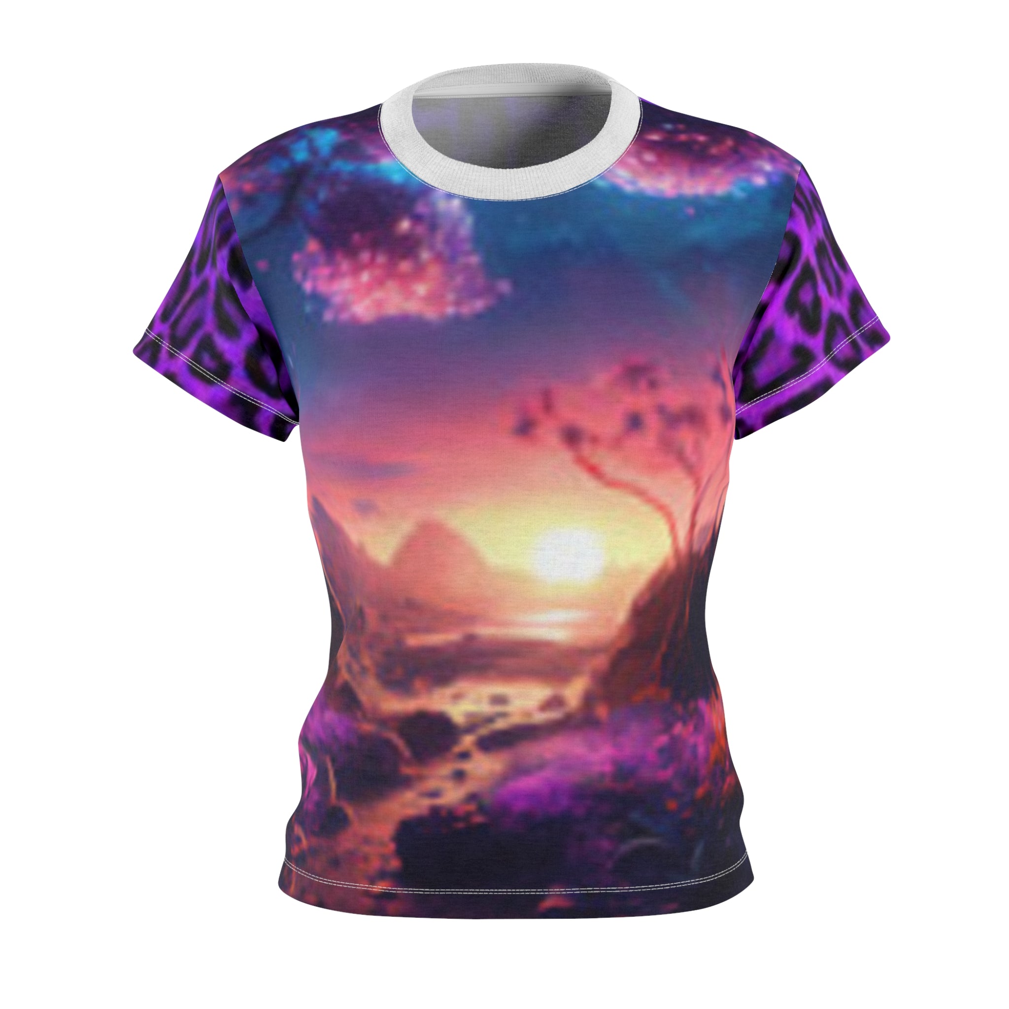Sunset Fantasy Women's T-shirt — Dreamscape Landscape with Purple Leopard Accents