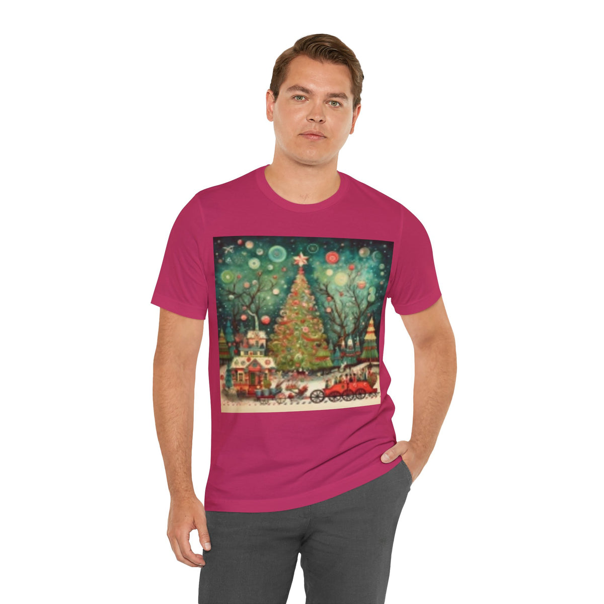 Christmas Tree Vintage Scene Tee — Holiday Village Carriage Design