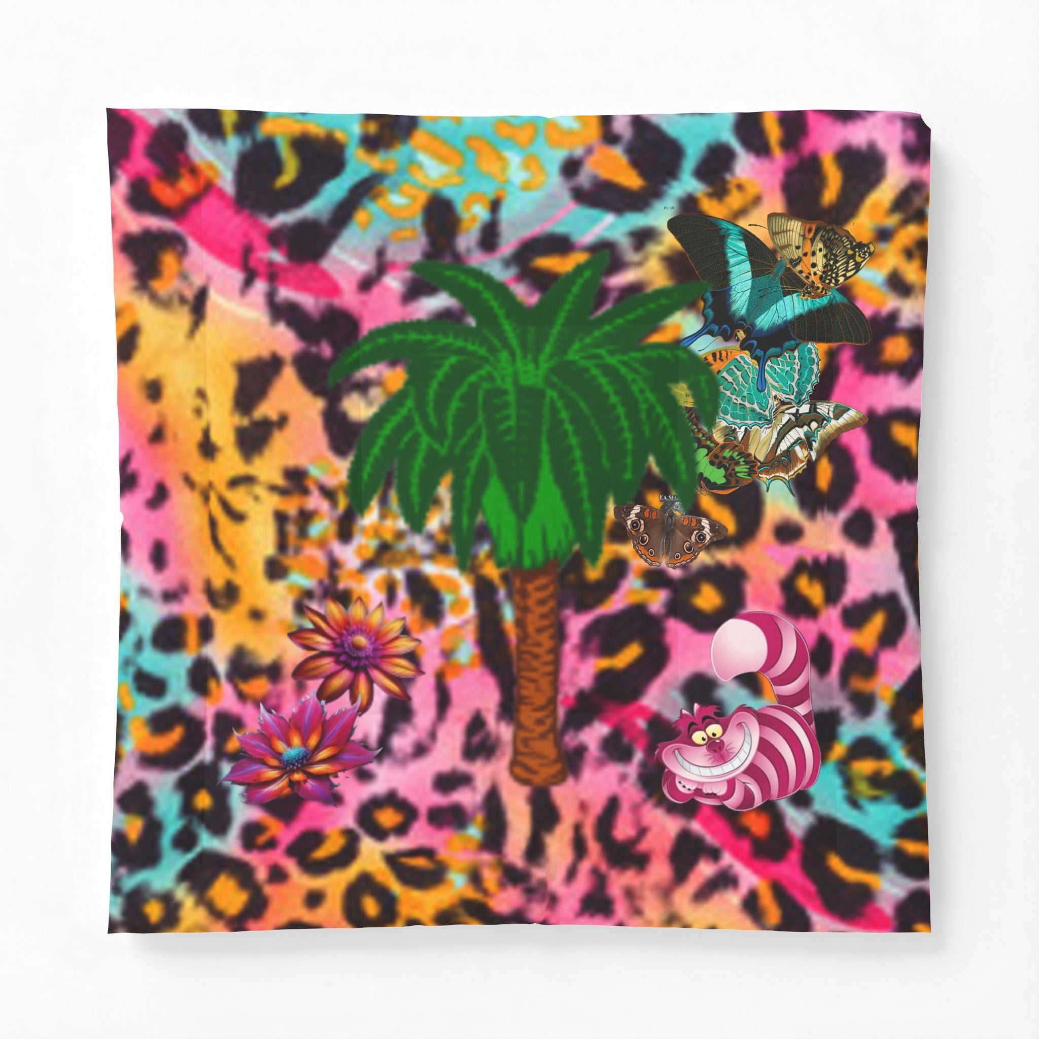 Vibrant Butterfly Palm Tree Chestire Cat Leopard Cotton Comforter — Colorful Boho Floral Throw