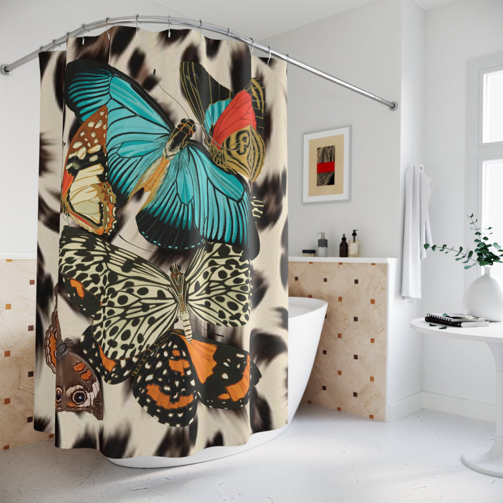 Butterfly Collage Shower Curtain — Teal & Leopard Bath Decor