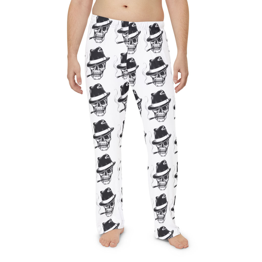 Skull Fedora Pajama Pants — Men’s Black & White All-Over Print Lounge Pants