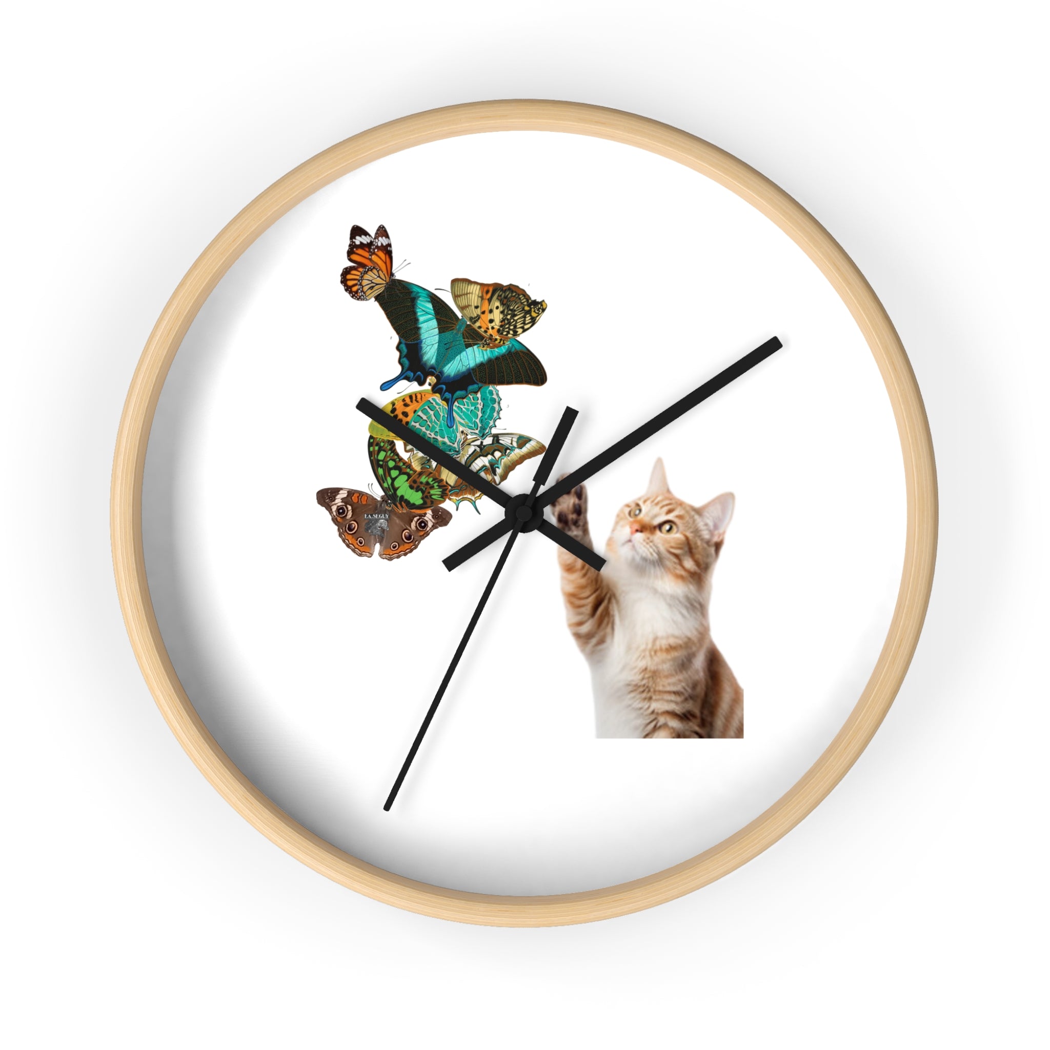 Cat & Butterflies Wall Clock — Cute Cat Reaching for Butterflies Decorative Wall Clock