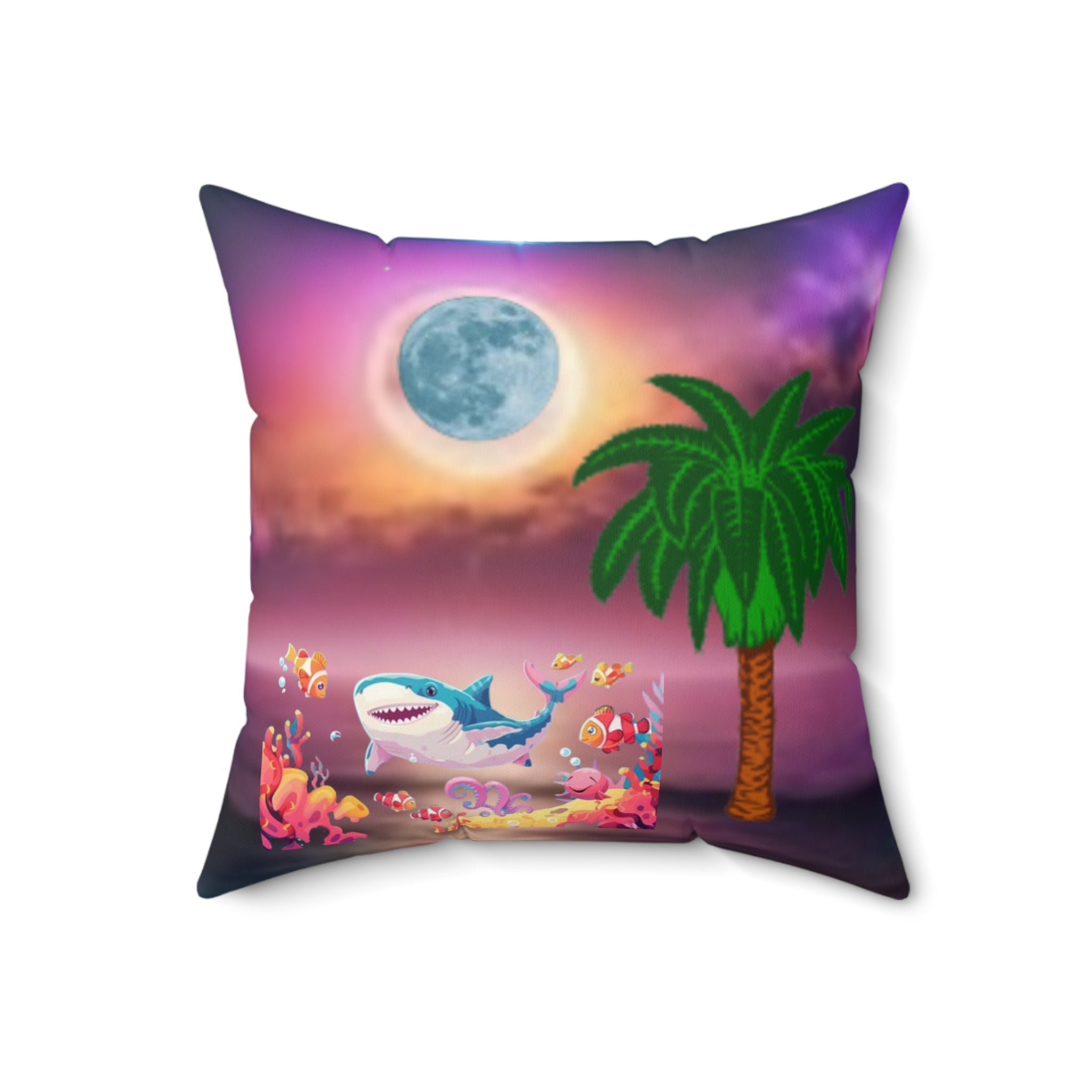Square Pillow — Surreal Moonlit Beach Design (Butterfly, Fish & Palm)