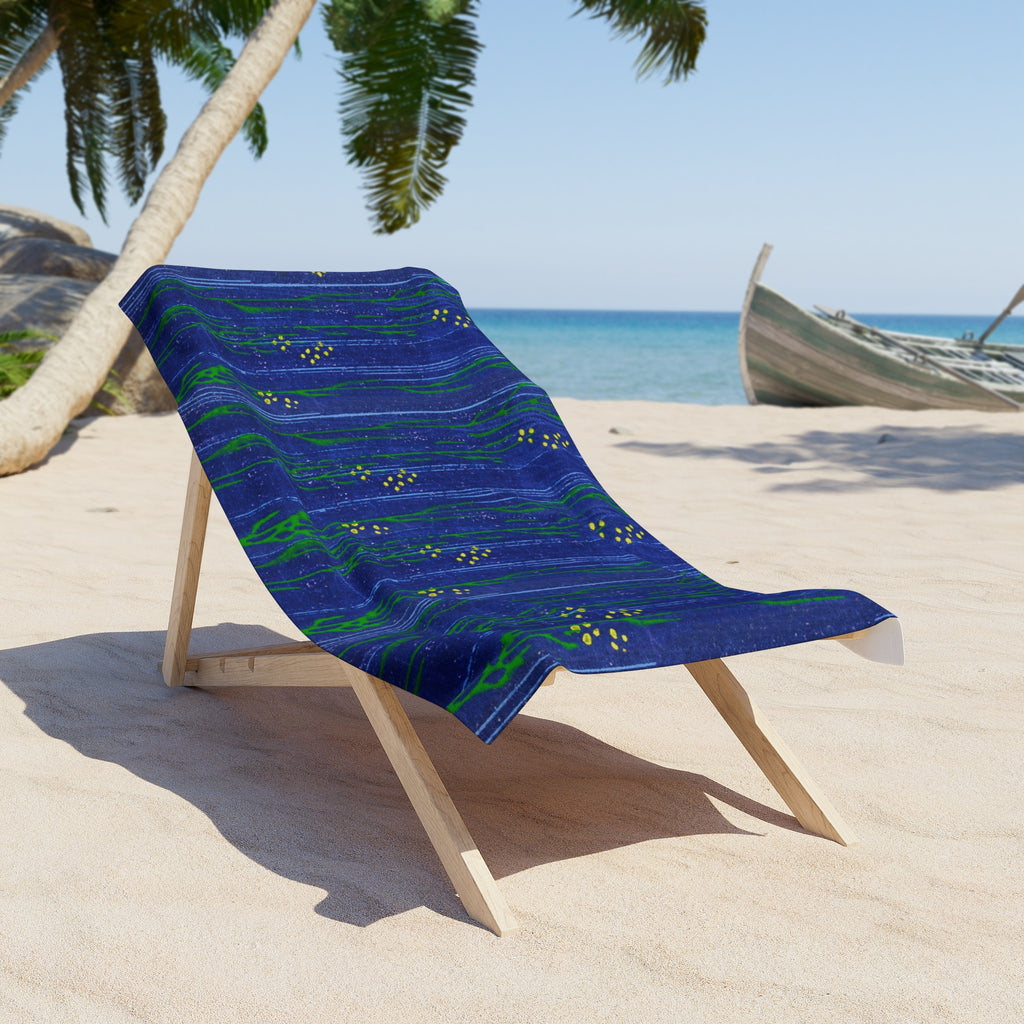 Nautical Blue Seaweed Beach Towel — Coastal Floral Striped Towel