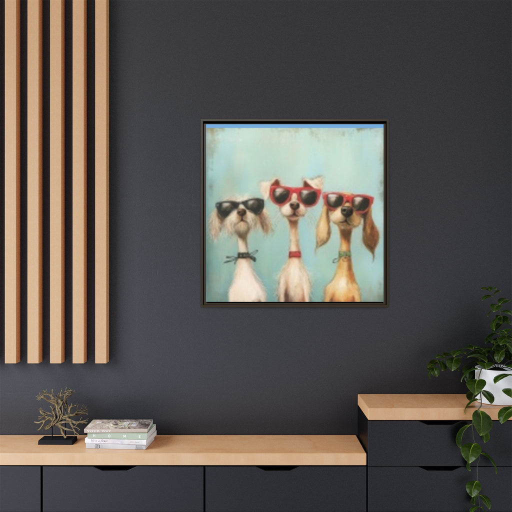 Framed Matte Canvas — Three Cool Dogs in Sunglasses Wall Art