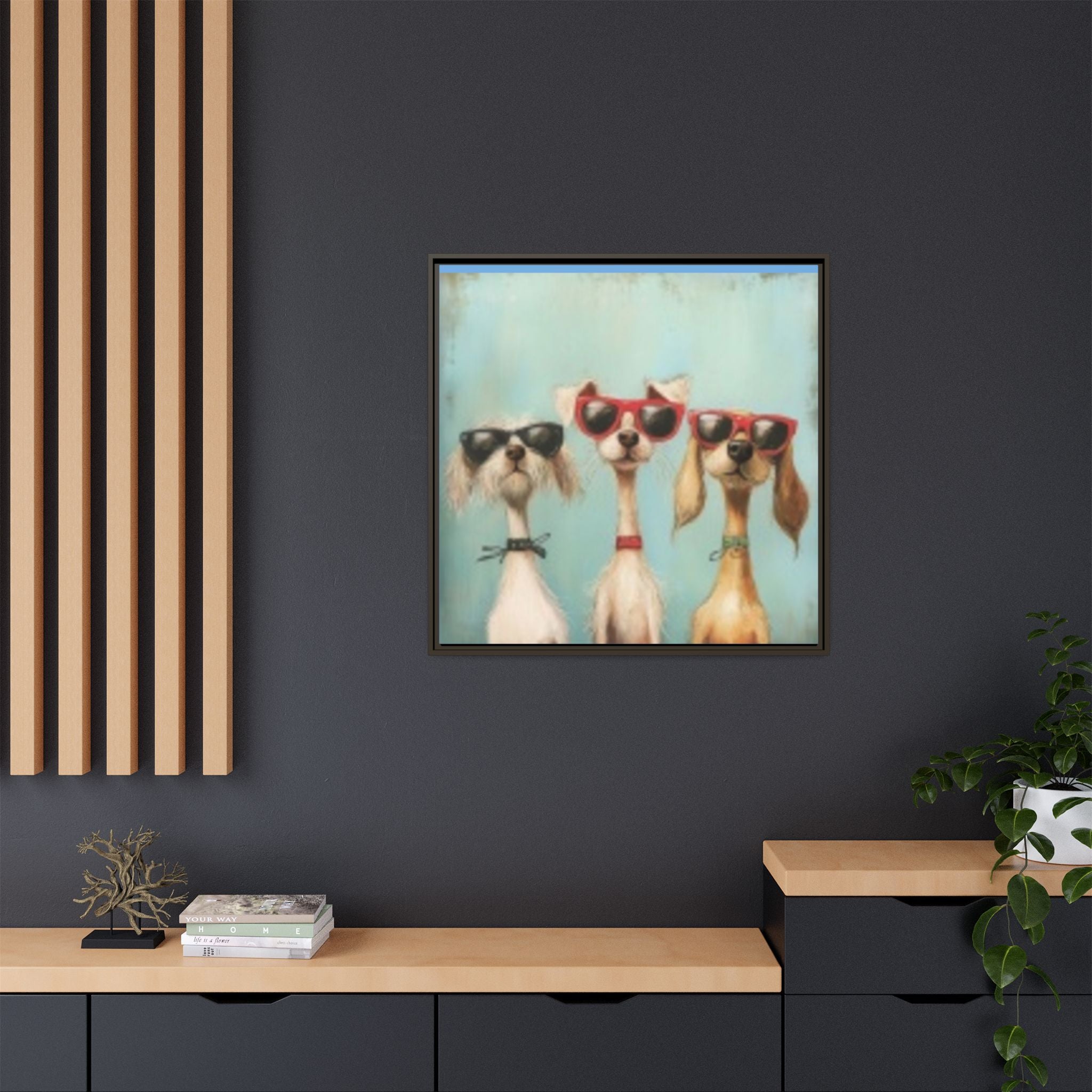 Framed Matte Canvas — Three Cool Dogs in Sunglasses Wall Art