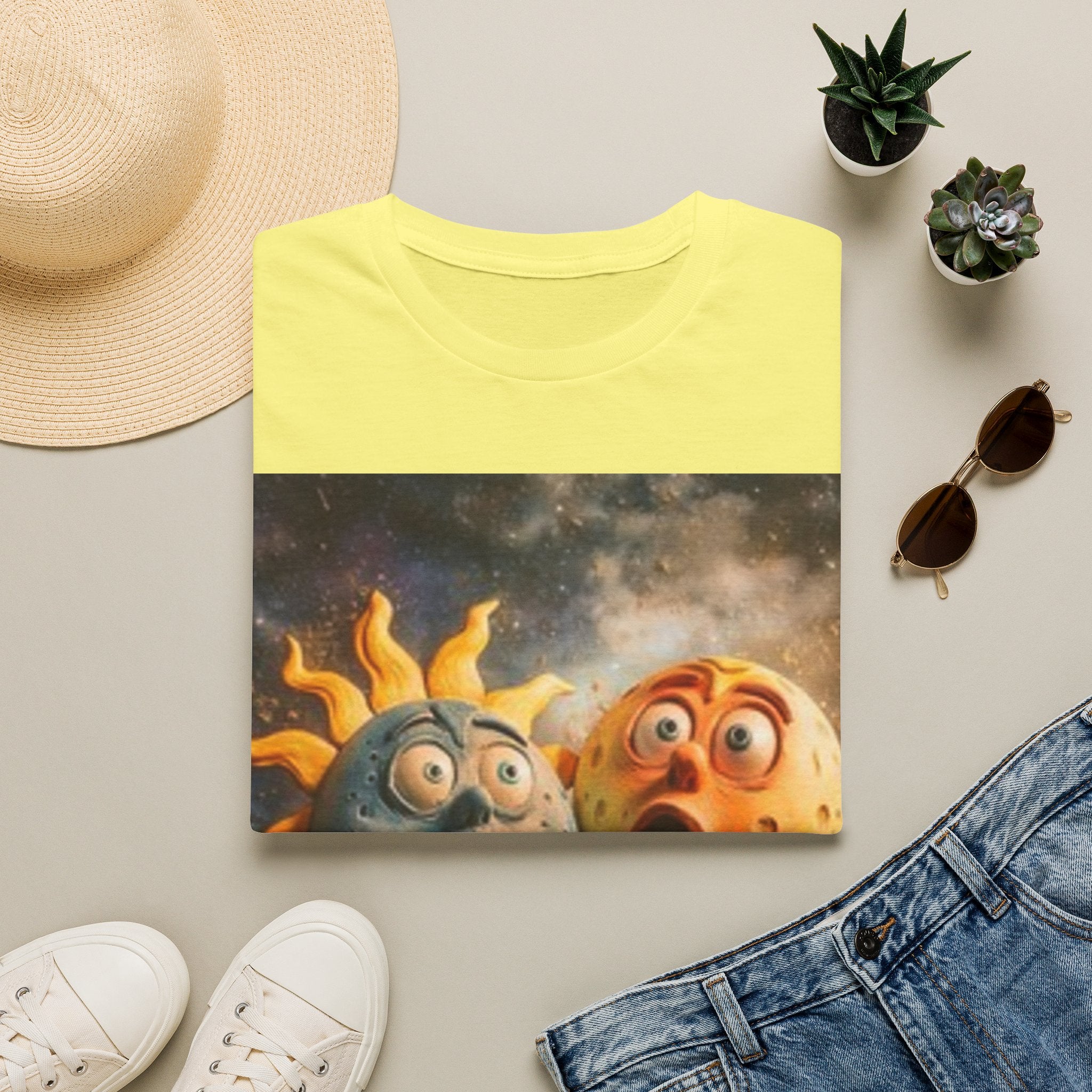 T-shirt Soleil & Lune surpris — Adorable t-shirt cosmique duo solaire de dessins animés