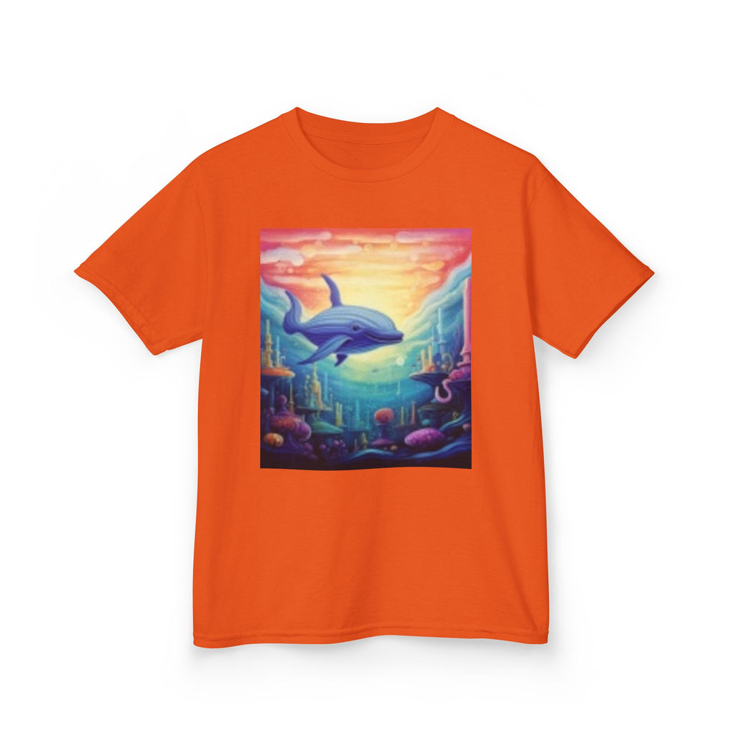 Kids Dolphin Sunset & Shells T-Shirt — Colorful Underwater Ocean Scene