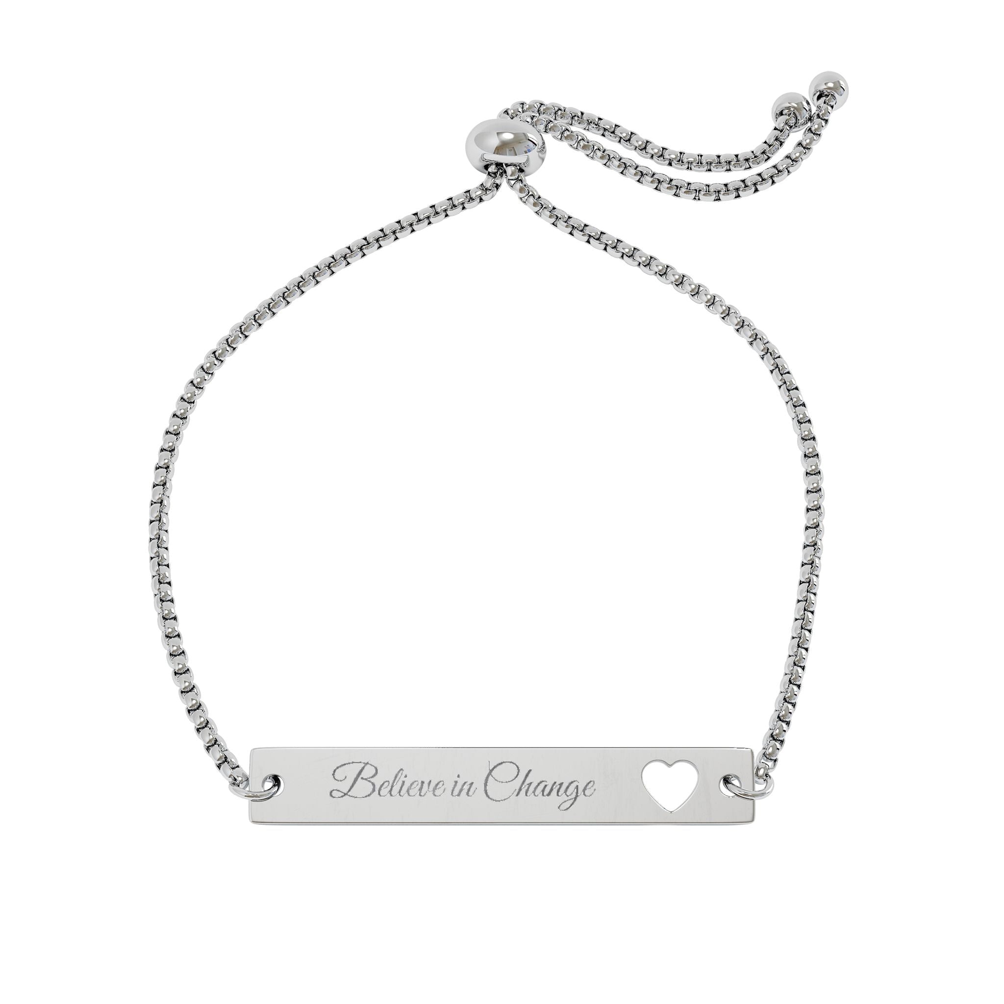 Believe in Change Adjustable Flat Cutout Heart Bar Bracelet (Engraving)
