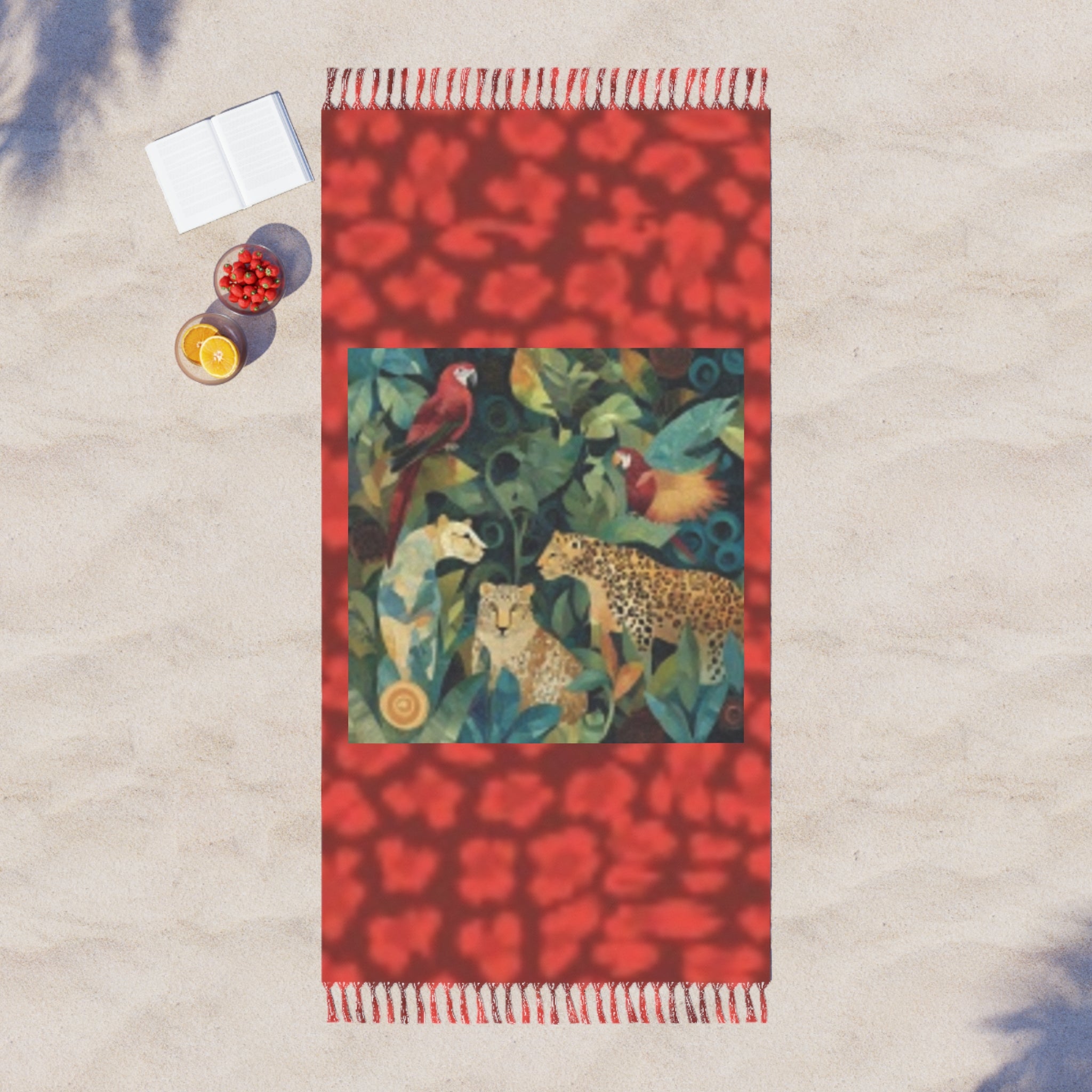 Boho Beach Towel — Tropical Jaguar & Parrot Print Beach Cloth