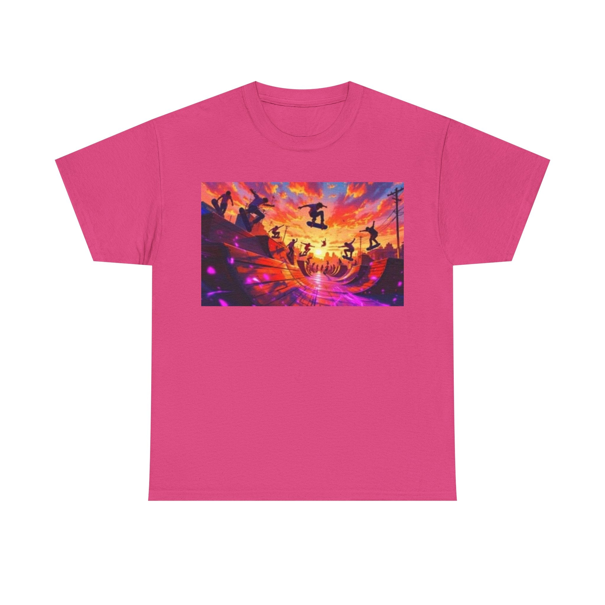 Skate Sunset Graphic Tee — Vibrant Skateboarding Sunset Scene Shirt