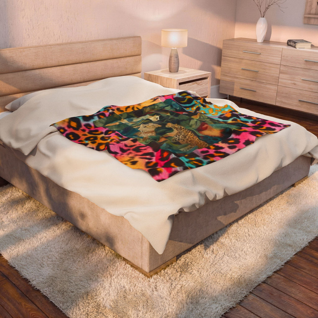 Safari Jungle Velveteen Plush Blanket — Colorful Leopard & Tropical Bird Print