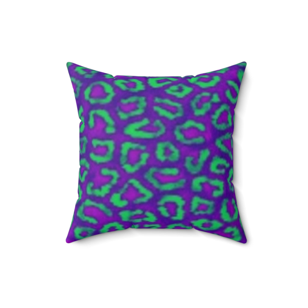 Decorative Square Pillow — Floral Outline & Vibrant Leopard Purple Green Patterns