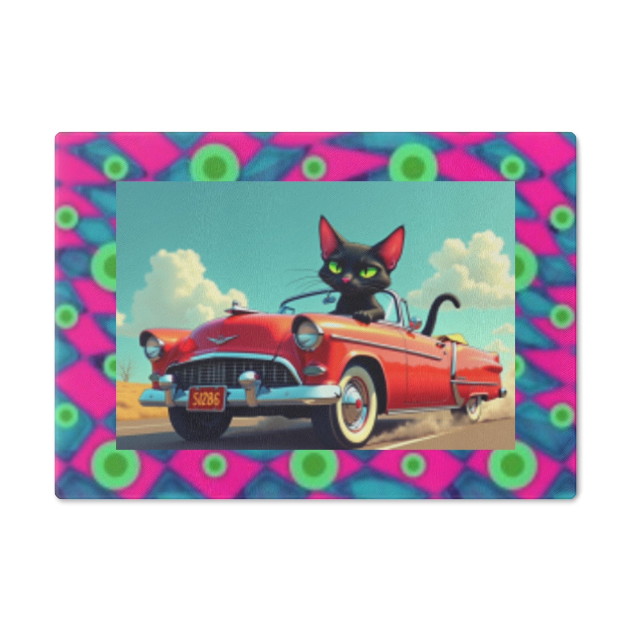 Retro Cat Driving Red Convertible Cutting Board — Funky Neon Border Kitchen Decor