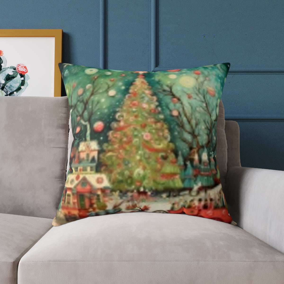 Christmas Tree Village Square Pillow — Festive Holiday Throw with Colorful Stars