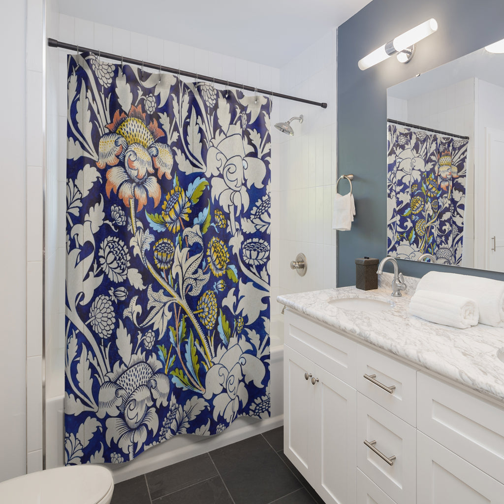 Floral Navy William Morris-Inspired Shower Curtain