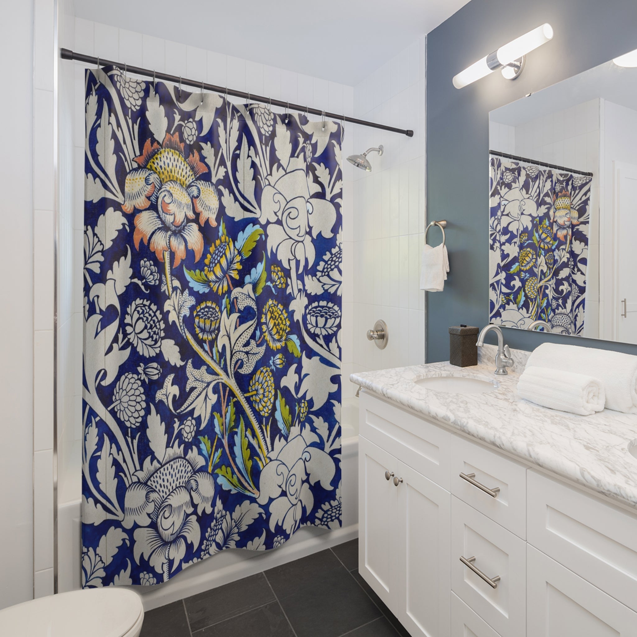 Floral Navy William Morris-Inspired Shower Curtain