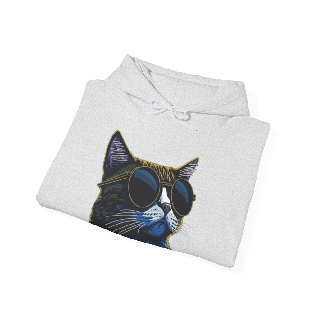 Cat Graphic Hoodie - Retro Sunglasses Cat Front & Colorful Cat Pattern Back Sweatshirt