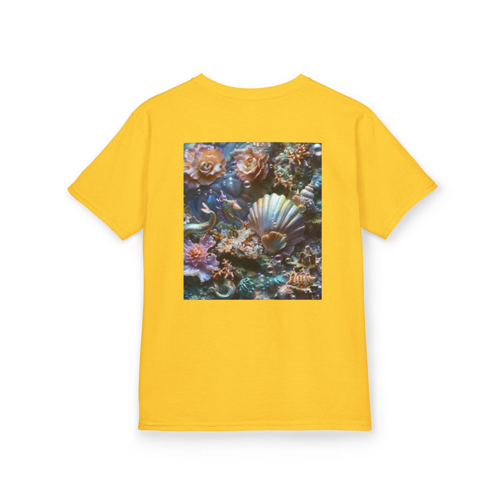 Kids Dolphin Sunset & Shells T-Shirt — Colorful Underwater Ocean Scene