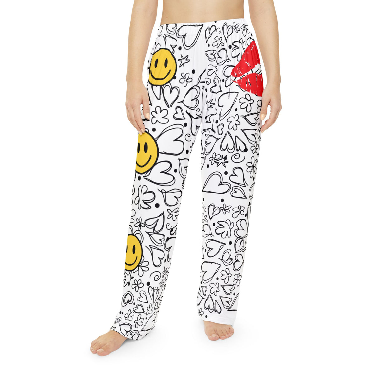 Haapy Face & Red Lips & Heart Doodle Pajama Pants — Women's Cozy Printed Sleep Lounge Pants