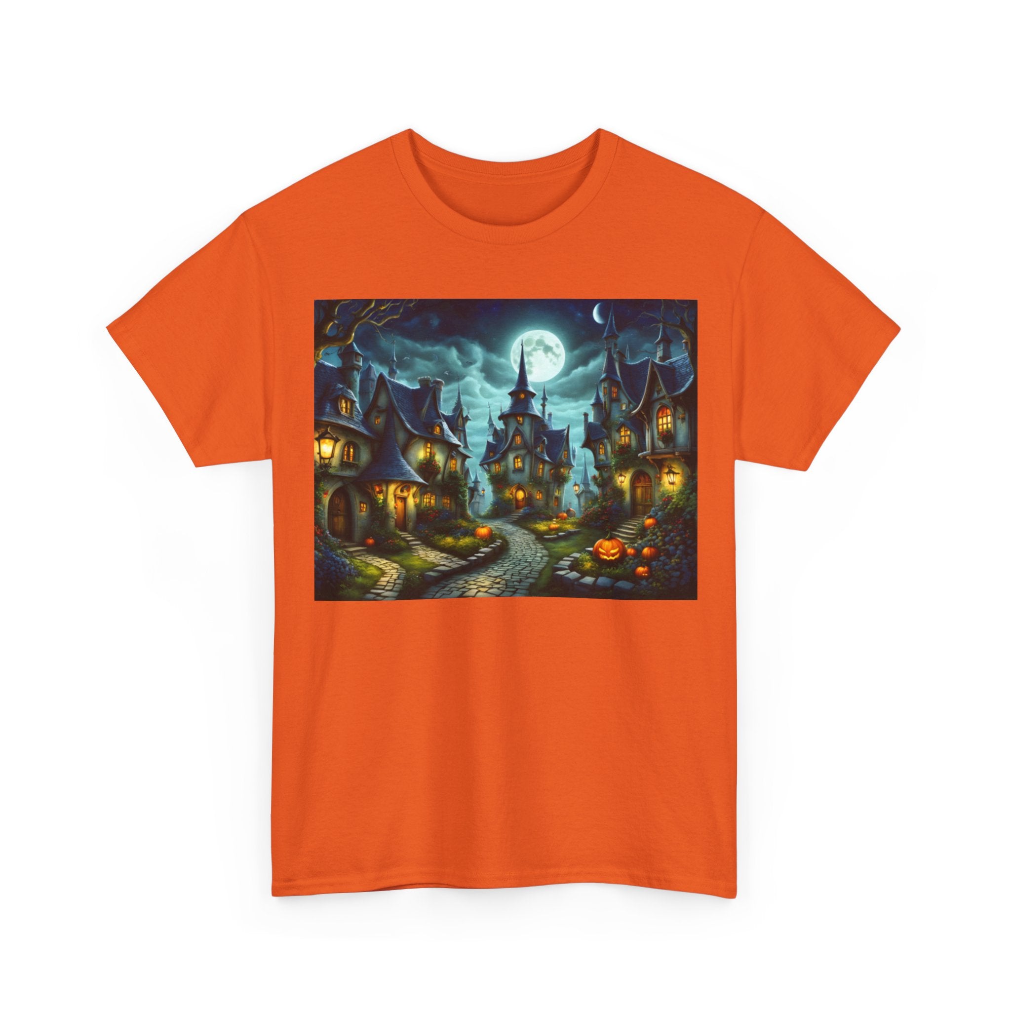 Halloween Village Tee — Spooky Moonlit Haunted Street T-Shirt