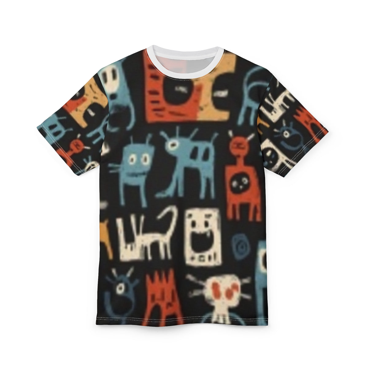 All-Over Print Cute Doodle Cats Tee — Colorful Playful Cat Pattern Shirt