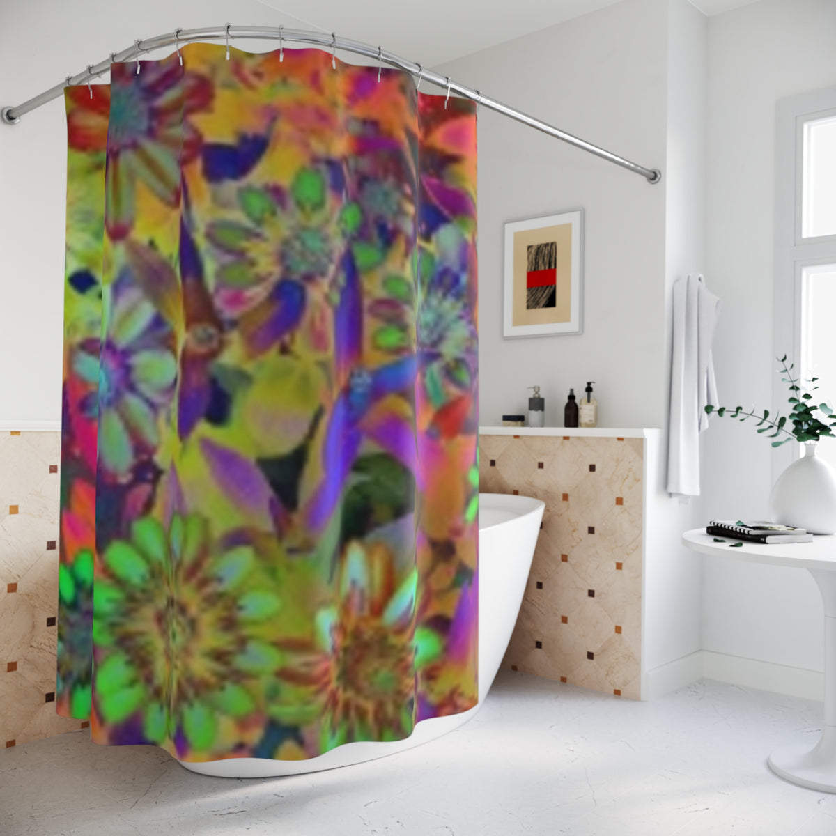 Floral Psychedelic Shower Curtain — Vibrant Boho Flower Bathroom Decor
