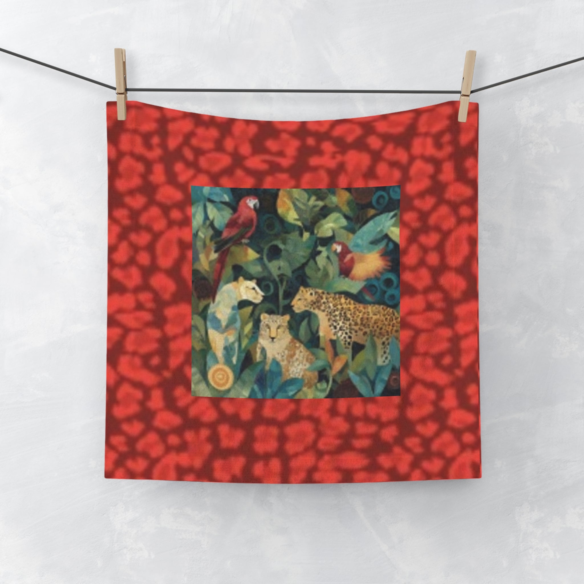 Jungle Cats Face Towel — Tropical Leopard & Parrot Print Washcloth