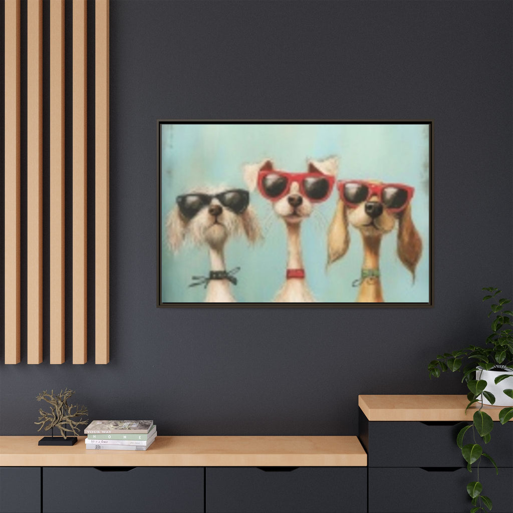 Framed Matte Canvas — Three Cool Dogs in Sunglasses Wall Art
