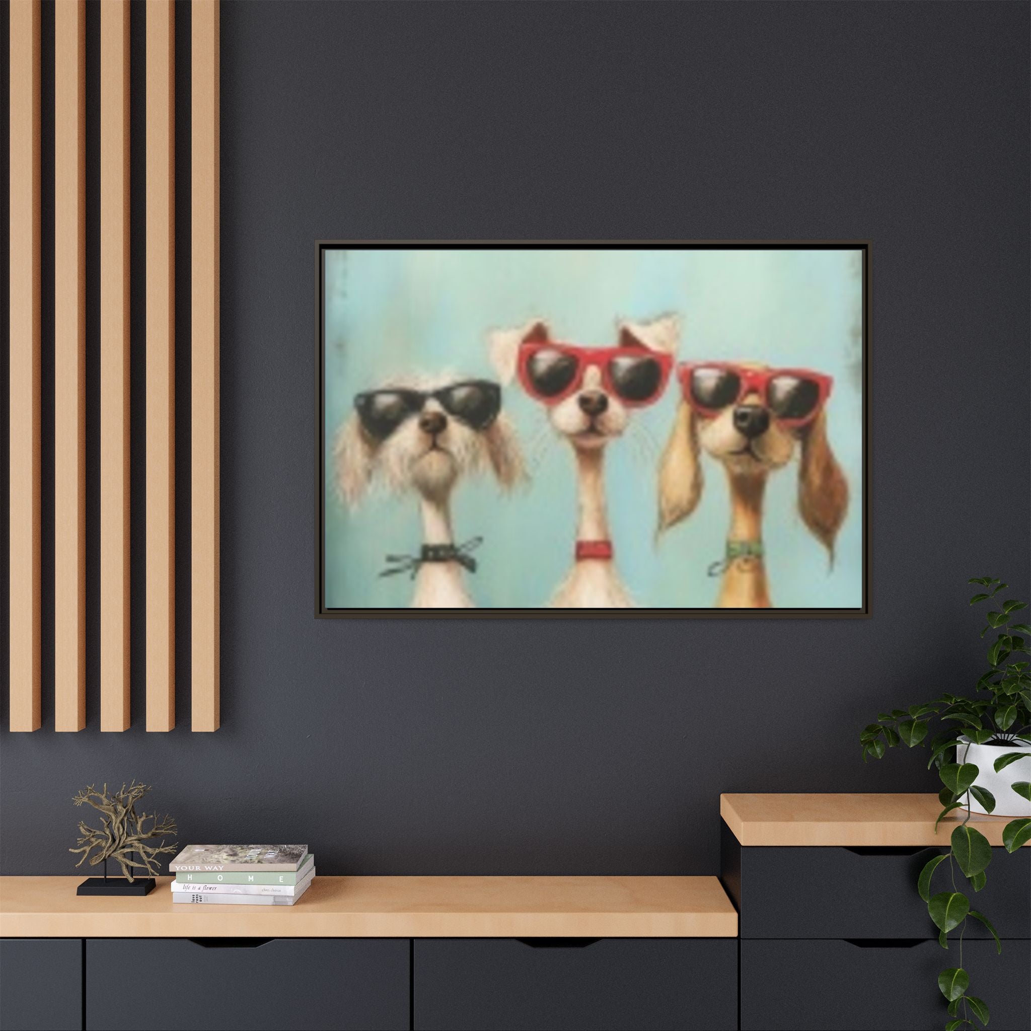 Framed Matte Canvas — Three Cool Dogs in Sunglasses Wall Art