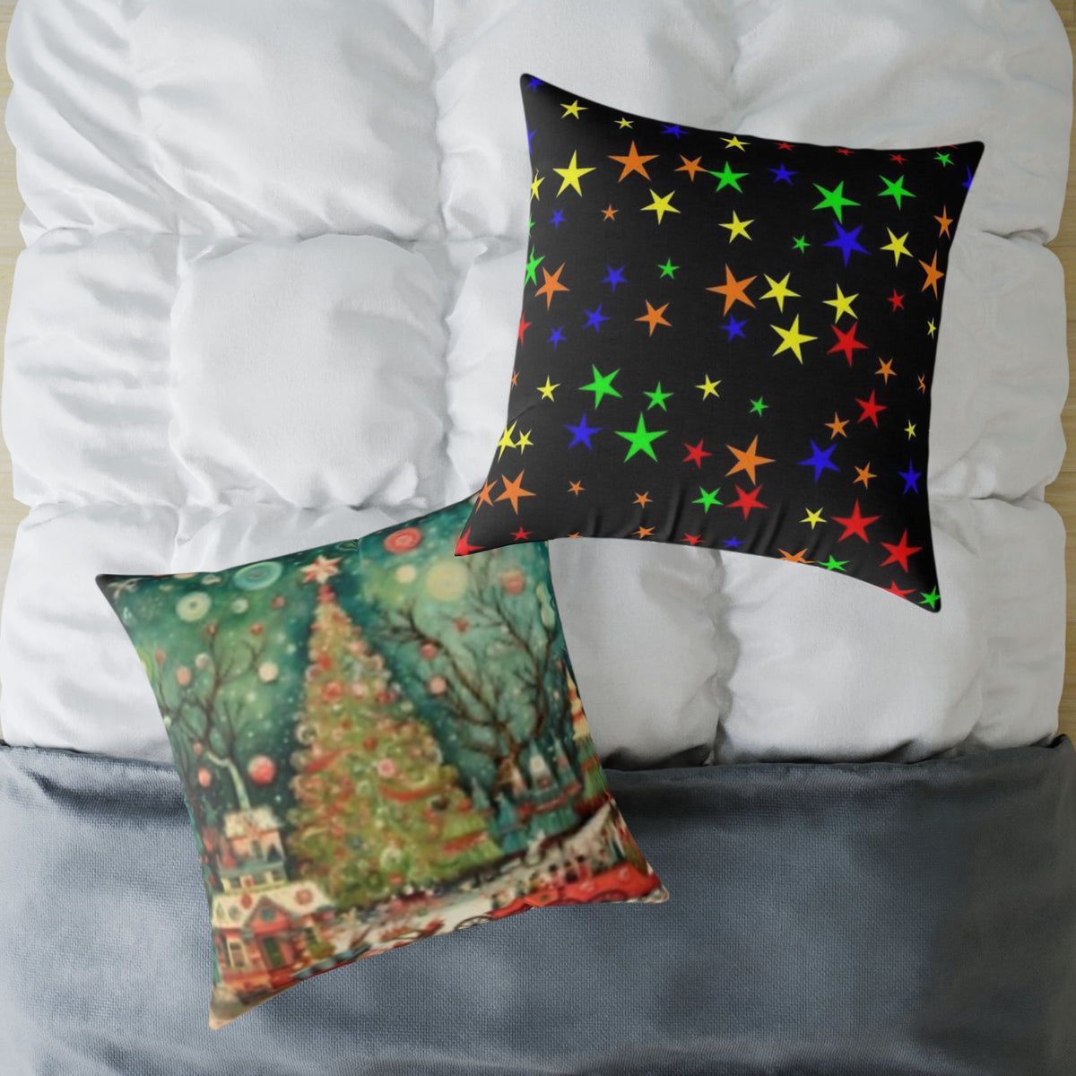 Christmas Tree Village Square Pillow — Festive Holiday Throw with Colorful Stars