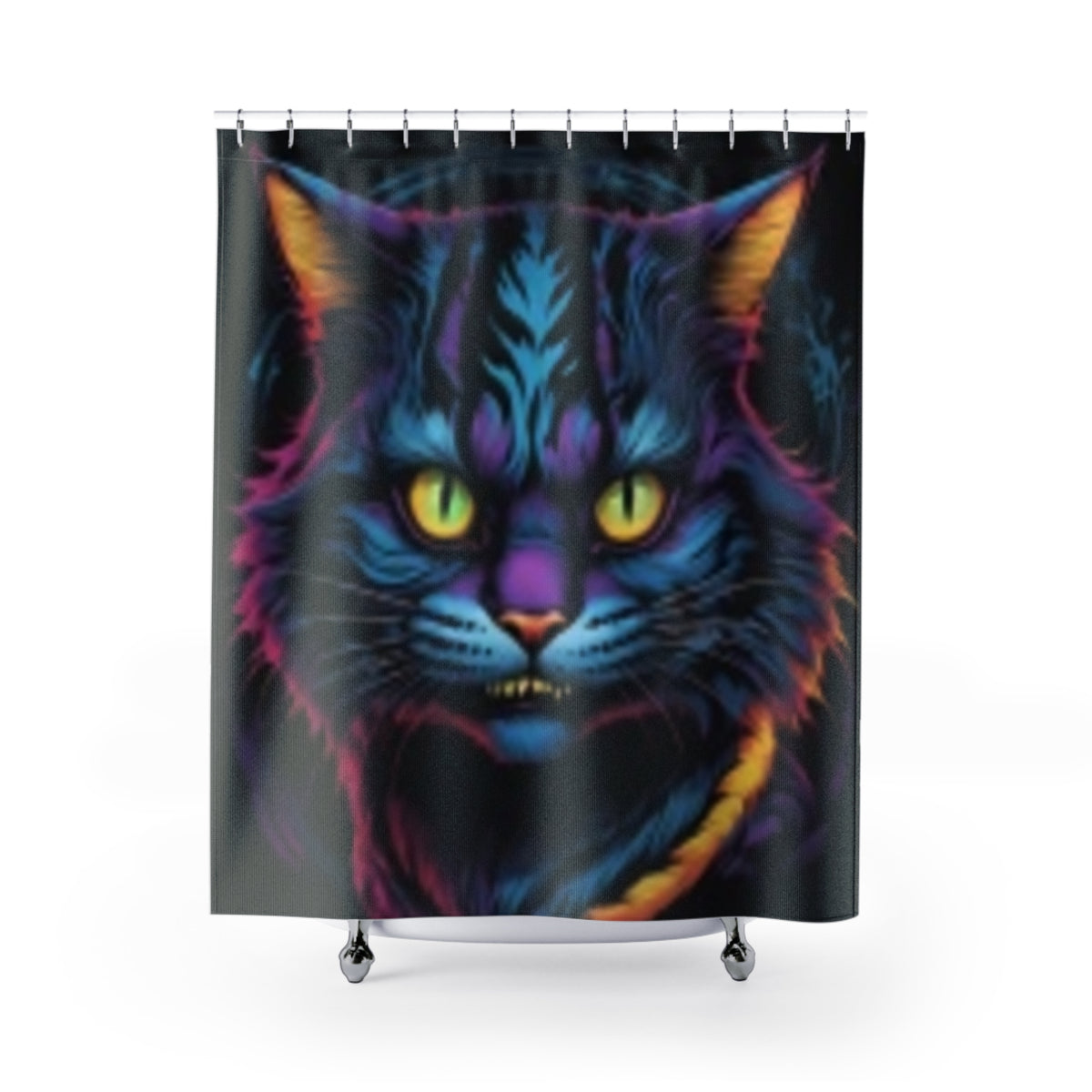 Neon Mystic Cat Shower Curtain — Vibrant Psychedelic Feline Bath Decor