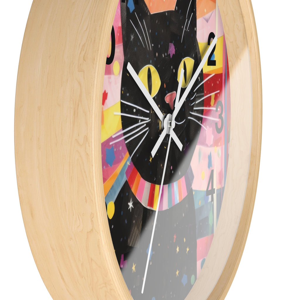 Black Cat Wall Clock — Colorful Retro Cat Clock with Yellow Eyes