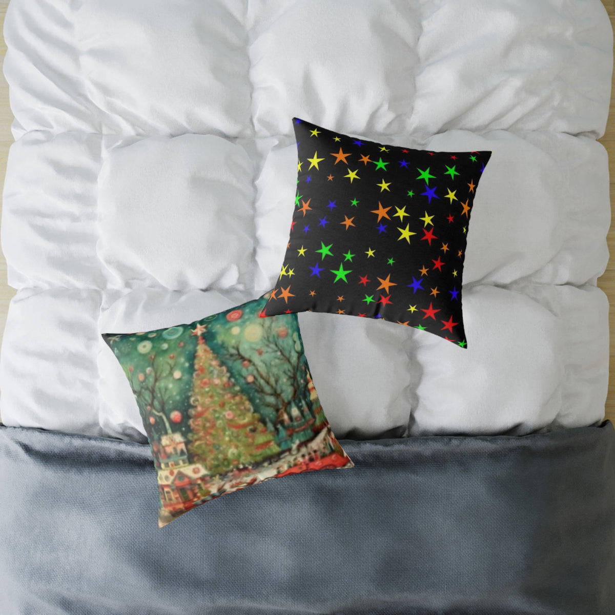 Christmas Tree Village Square Pillow — Festive Holiday Throw with Colorful Stars