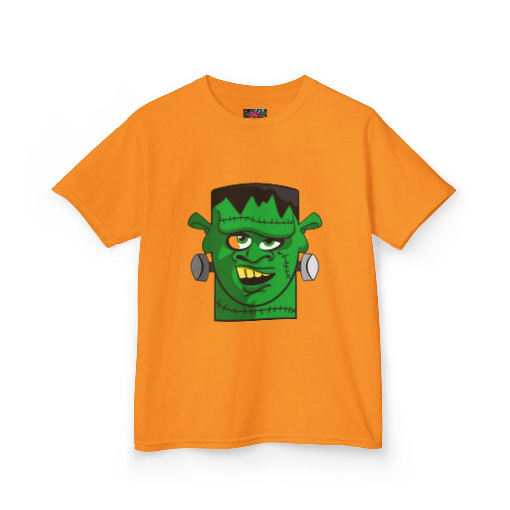 Kids T-shirt— Cute Frankenstein Face Front & Enchanted Forest Back