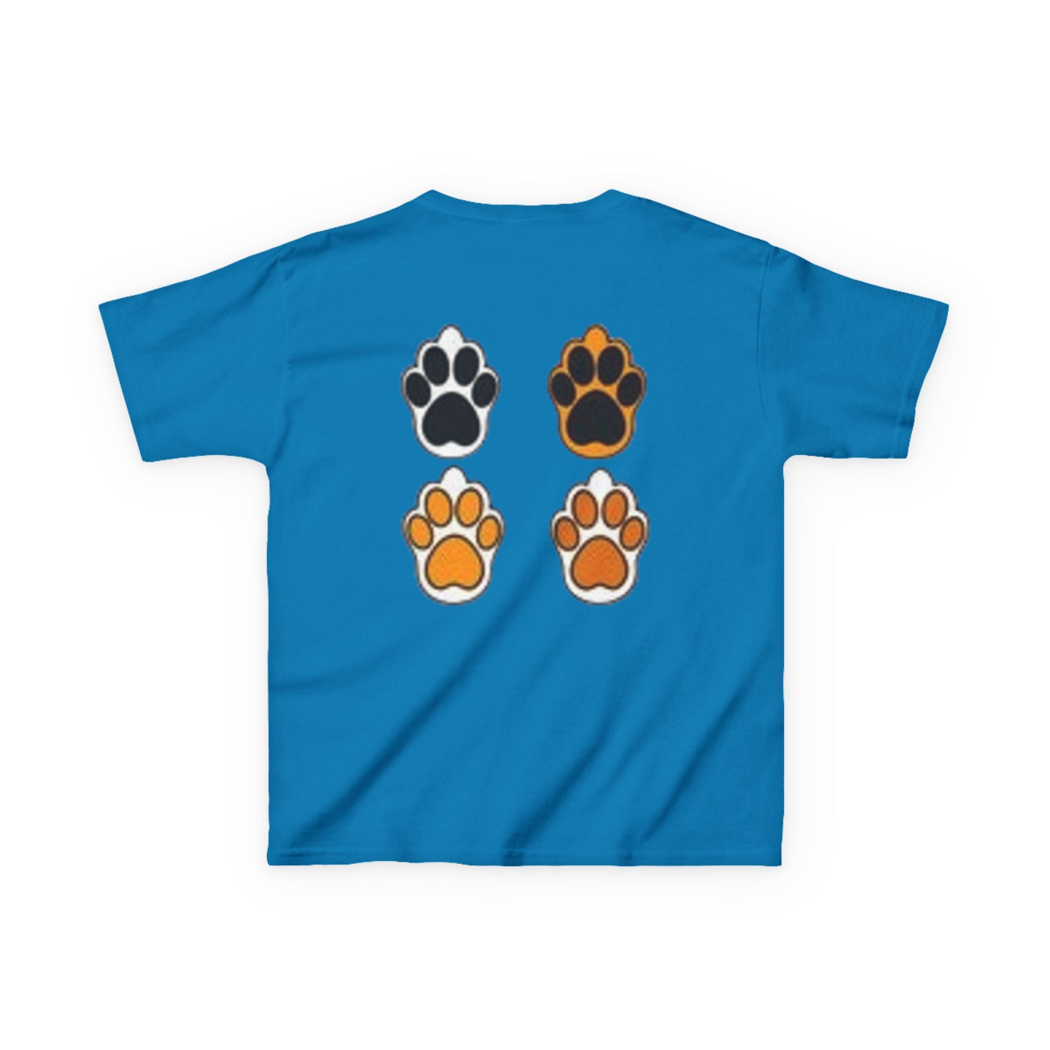 Kids Cat Paw T-Shirt — Cute Kitten Row Front & Paw Prints Back