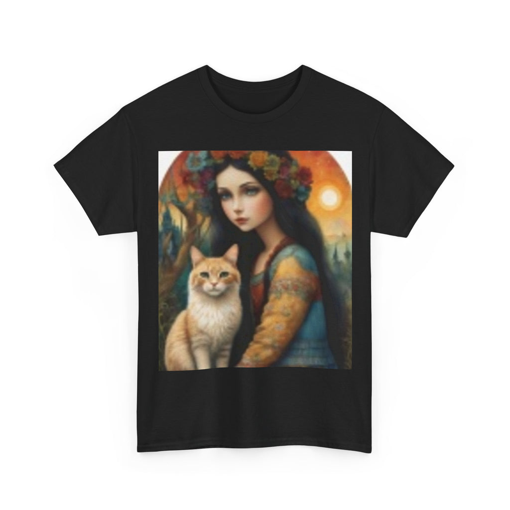 Vintage Portrait Tee — Woman with Cat Art Print